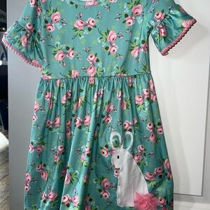 Floral Blue Kids Dress with Bunny Appliqué